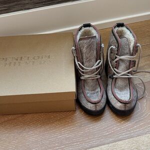 Penelope Chilvers Natural Fur Boots with Red Trim